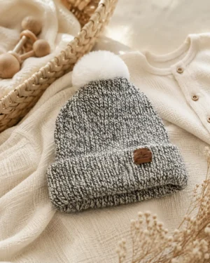 Gorro Lana Baby Mystique Gris Jaspeado pompón blanco 02